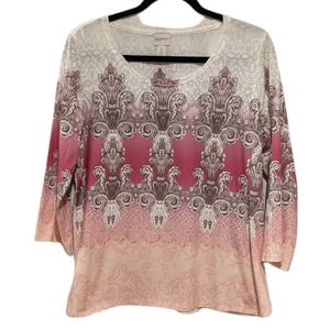 Embellished Pink and Grey Damask Pattern 3/4 Sleeve Blouse, Size 12